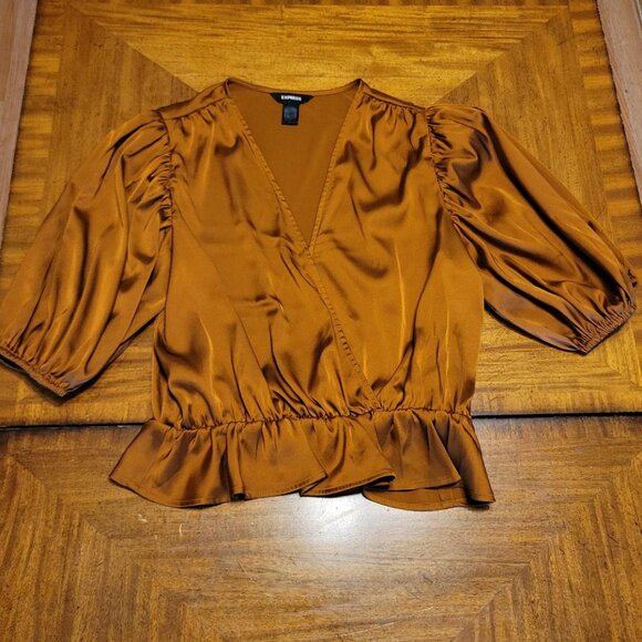 Express Copper Satin Puffed Sleeve Top - Picture 2 of 12